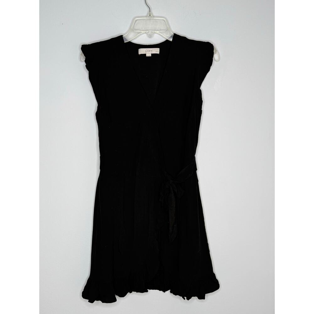 Loft Petites Black Cap Sleeve V-Neck Ruffled Wrap Mini Dress Undershorts 2P
